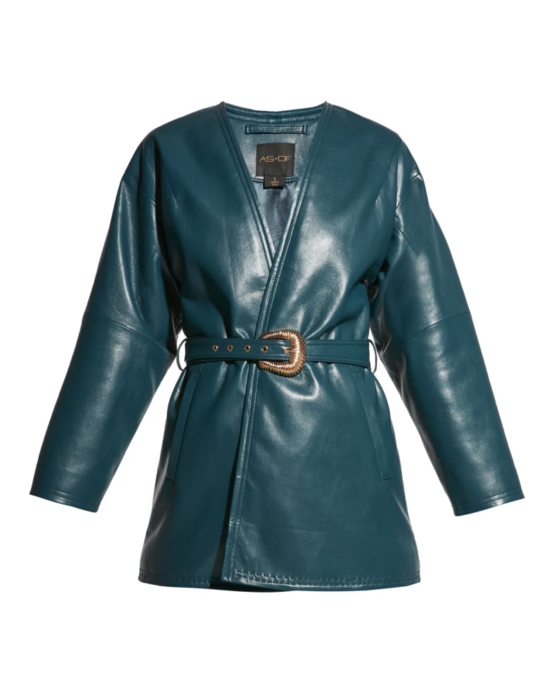 Front of a size L Jasper Recycled Leather Coat in Fuel by AS by DF. | dia_product_style_image_id:316614